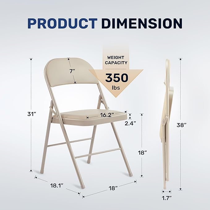 HealSmart 4 Pack Folding Chairs with Leather Padded Cushion Seats & Durable Metal Frame, Comfortable, Foldable, Portable, Commercial Event Seat, Indoor Outdoor for Home, Parties, Office, Kahki