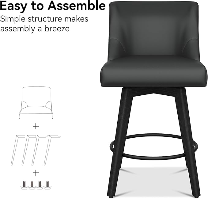 Counter Height Bar Stool, Modern Swivel Barstools with Back and Wood Leg, Faux Leather Upholstered Counter Height Stool, 26" H Kitchen Counter Stool, Kitchen Island Home Bar, Black Grey