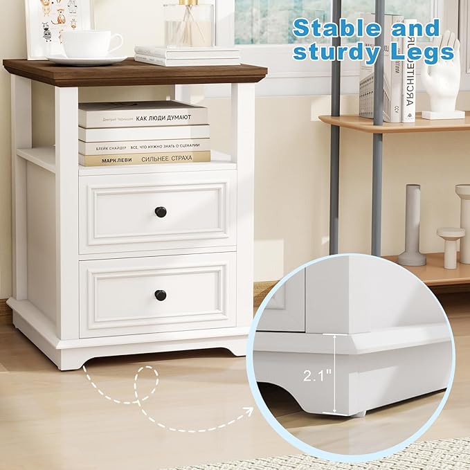Vipbear Farmhouse Nightstand 18" White End Table with Charging Station & 2 Drawers, Rustic Bedside Table with Storage Shelf for Bedroom, Living Room,18.1" D x 18.1" W x 24.2" H