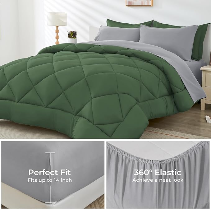 HEVUMYI Full Comforter Set - 7-Piece All Season Bed in a Bag Full, Ultra Soft Bedding Set with Comforter, Flat Sheet, Fitted Sheet, Pillowcases, Pillow Shams, Green & Light Grey