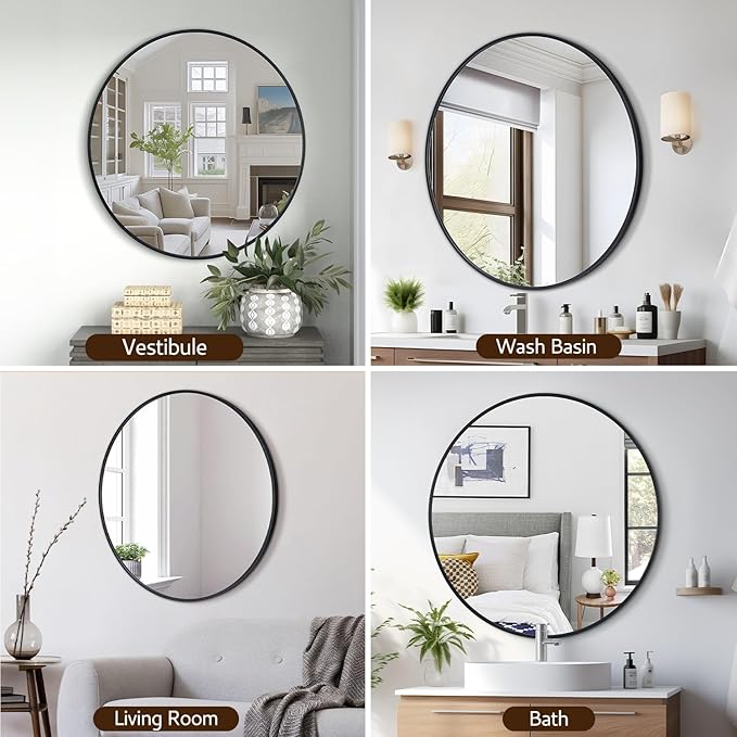 30 Inch Black Round Wall Mirror, Circle Bathroom Mirror with Brushed Metal Frame, Anti-Rust Tempered Glass Vanity Mirror for Bedroom, Entryway, Living Room Farmhouse Decor