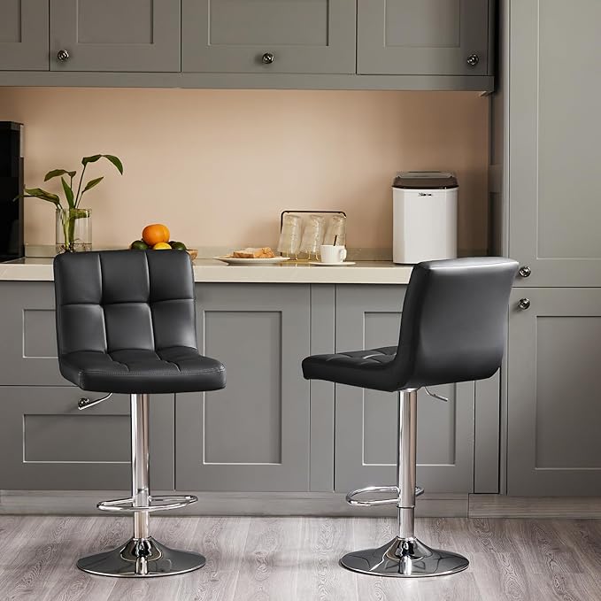 Sweetcrispy Bar Stools Set of 2, Armless PU Leather Adjustable Swivel Barstools, Hydraulic Kitchen Counter Height Thickened Seat Cushion Square Island Countertop Chairs with Back, Light Black