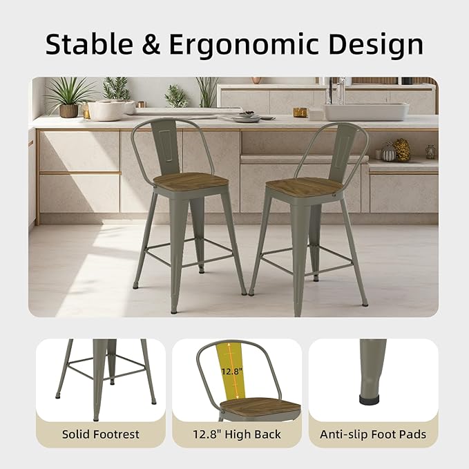 Metal Bar Stools Set of 4, High Back Bar Stools with Wooden Seat, 30 inch Rusty Barstools for Kitchen Island