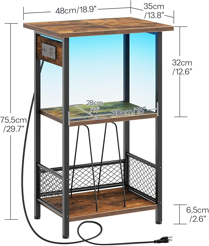HOOBRO Record Player Stand with Charging Station and LED, Turntable Stand with Storage, 3 Tier End Table Hold Up to 100 Albums, Record Table for Vinyl, Living Room, Rustic Brown and Black BF06UDRS01