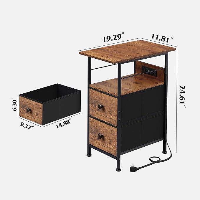 WLIVE Nightstand Set of 2 with Charging Station, End Table Sets with LED Lights, 2 Fabric Drawers and Open Shelf, Bed Side Tables Living Room, Small Space, Night Stand for Bedroom, Rustic Brown