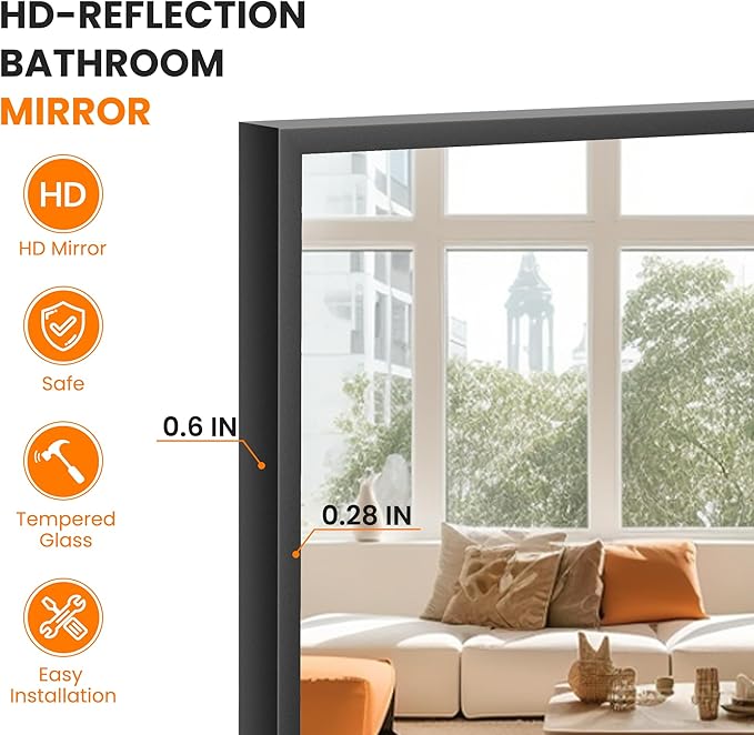 Bathroom Vanity Mirror for Wall, 48" x 30" Metal Framed Rectangular Bathroom Wall Mirror for Over Sink, HD Shatterproof Glass, Hangs Horizontally or Vertically(Black)