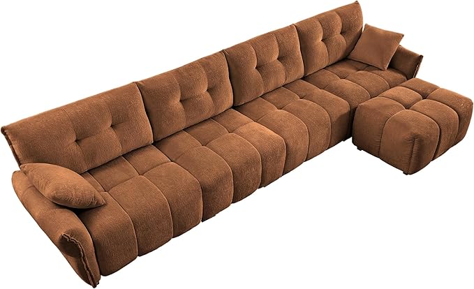 Modern Chenille Fabric 4-Seat Sofa w/Ottoman+2 Pillows, Premium Upholstery Living Room Couch with Tufted Backrest & Comfortable Armrests and High-Resilience Memory Foam Cushions,Orange