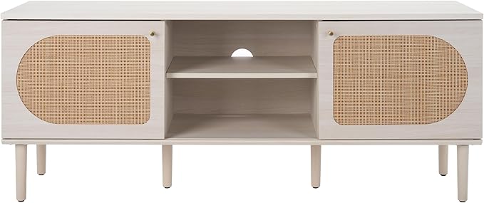 SAFAVIEH Claude TV Stand for up to 65" Flatscreen – Bleached White & Natural Rattan, 2 Sliding Doors with Interior Storage, 2 Open Shelves, Entertainment Media Console (MED9610C)