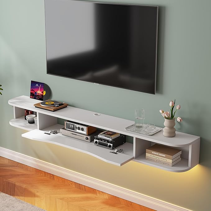 Floating TV Stand,94'' Wall Mounted TV Cabinet,Floating TV Console,Under TV Shelf with 1 Door and 2 Cabinets for TVs up to 90''(White)