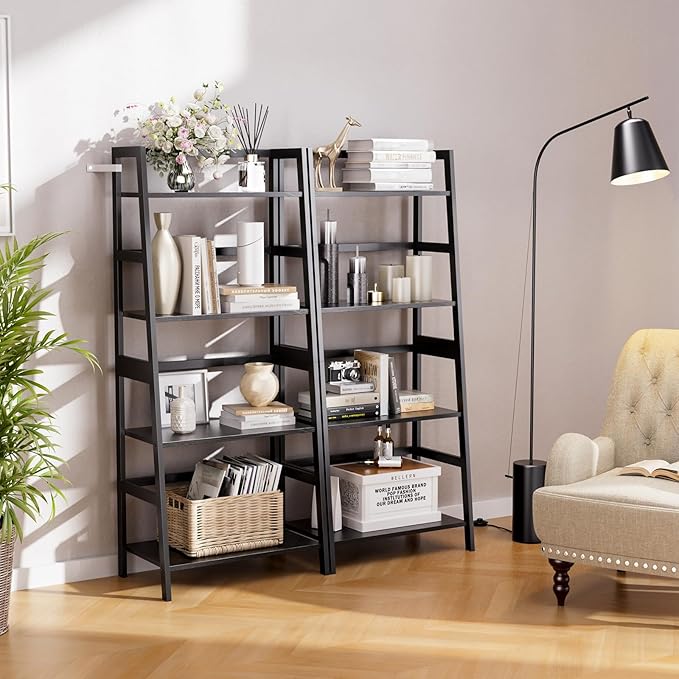 HITNET Ladder Shelf Black, 4-Tier Bookshelf, Freestanding Bathroom Storage Rack with Bamboo Frame, Plant Display Stand for Living Room, Kitchen, Home Office