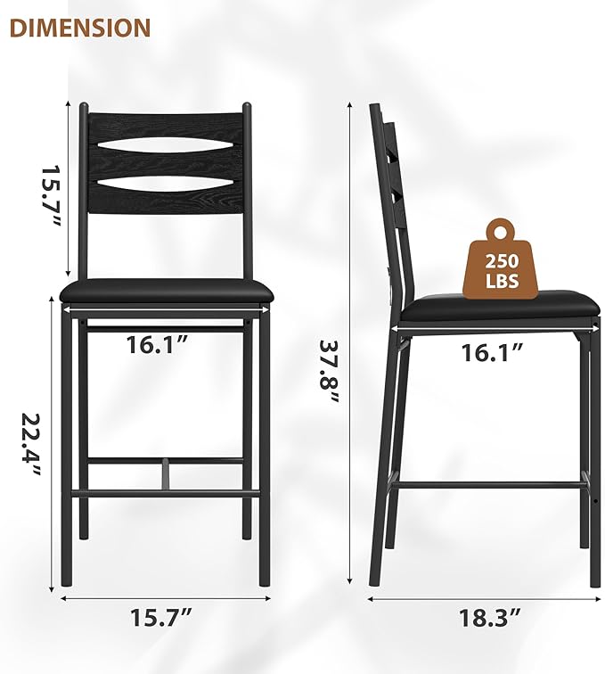 GarveeHome Bar Stools Set of 2, Wooden Barstools, Faux Leather Upholstered Bar Chair with Back & Footrest & Thick Cushion, Counter Height Bar Stools for Kitchen Island Apartment, Black