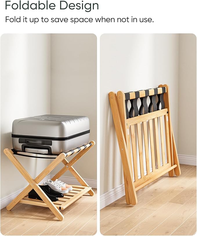 Fully Assembled Bamboo Luggage Rack, Heavy Duty Folding Suitcase Stand with Storage Shelf, Guest Room Essentials, Ideal for Bedroom, Hotel, Natural