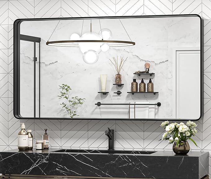 TokeShimi 48 x 24 Inch Wall Mirror Black Bathroom Vanity Mirror with Metal Frame Aluminum Alloy Rounded Corner for Modern Farmhouse Wall Decor 1”Deep Set Design (Horizontal/Vertical)