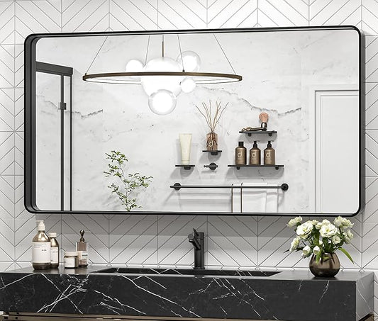 TokeShimi 48 x 24 Inch Wall Mirror Black Bathroom Vanity Mirror with Metal Frame Aluminum Alloy Rounded Corner for Modern Farmhouse Wall Decor 1”Deep Set Design (Horizontal/Vertical)
