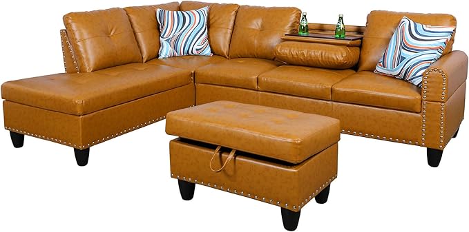 97.5" Oversized Sectional Couch, L Shaped Couch with Storage Ottoman, Modern Modular Sofa with Deep Seat, Sectional Couches for Living Room and Office, Ginger (PU Leather)