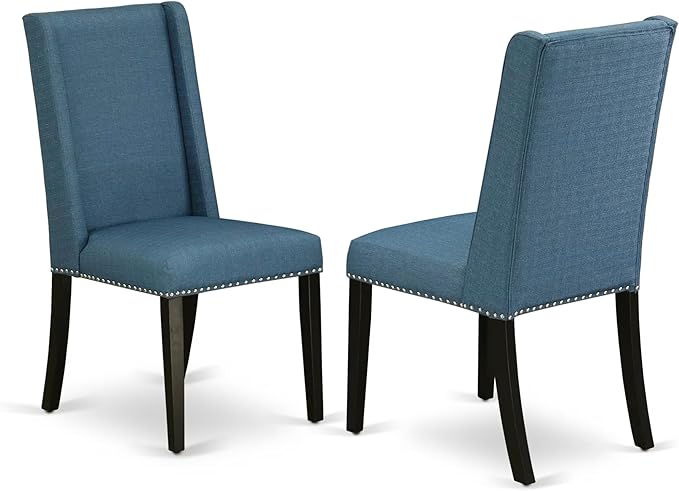 NKFL9-SBB-21-9-Piece Kitchen Table Set Consists of a Wooden Table and 8 Mineral Blue Linen Fabric Parson Chairs with Padded Chair Back - Sand Blasting Black Finish.