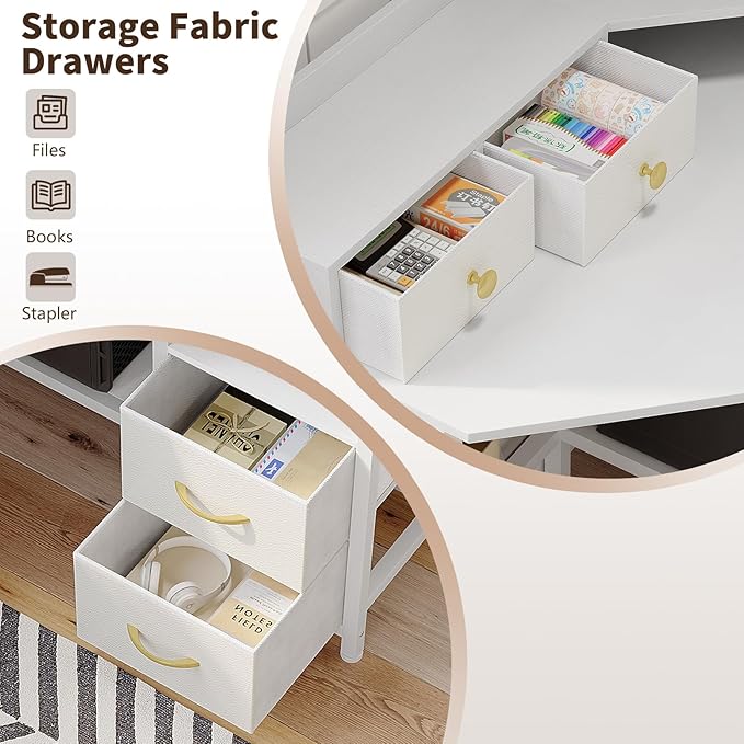 Corner Desk with 6 Drawers Shelves for Small Space Computer Desk with Power Outlets,Gaming Desk with Printer Monitor Stand Storage for Home Office Workstation Writing Table (White, 31.5)
