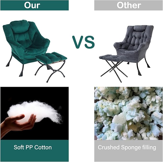 LITA Lazy Chair With Ottoman, Modern Accent Leisure Upholstered Sofa, Contemporary Lounge Reading With Armrests and Side Pocket for Living Room, Bedroom & Small Space, Dark Green