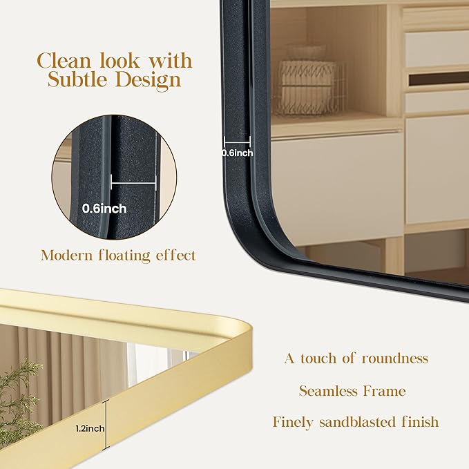 28×36 Gold Bathroom Mirror, Rectangular Bathroom Vanity Mirror for Wall with Rounded Corners & Aluminum Alloy Frame, Tempered-Glass, Modern, Farmhouse, Horizontal/Vertical, Entryway, Bedroom