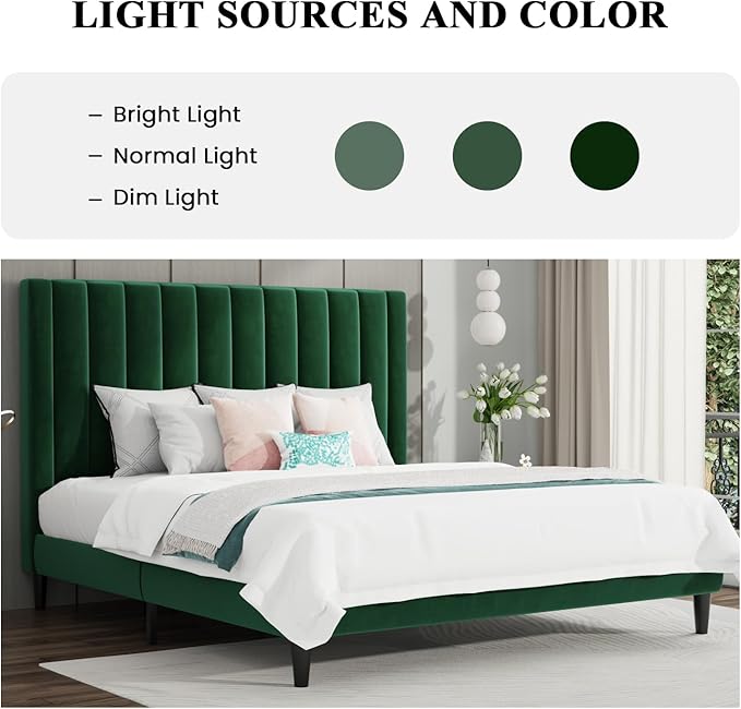 SHA CERLIN King Bed Frame/Velvet Upholstered Platform Bed Frame with Headboard/Strong Wood Slats Support/Mattress Foundation/No Box Spring Needed - Green