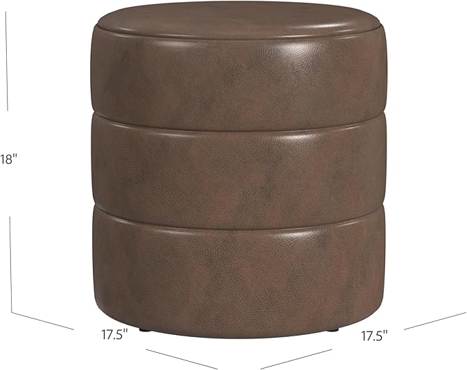 HomePop Upholstered Faux Leather Round Ottoman (No Lid, Seat Only) Home Décor | Round Pouf Foot Rest – Brown Faux Leather