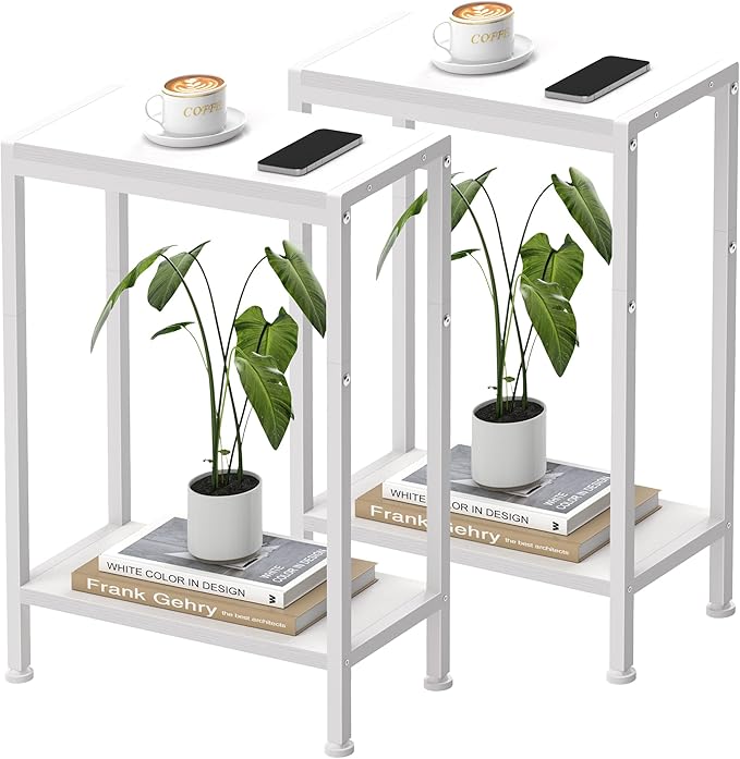 Narrow Side Table for Small Space Set of 2, 2-Tier Small End Table with Shelf Holder, Slim Nightstand, Skinny Snack Couch Table in Living Room, Bedroom, Study, Kitchen and Balcony（White