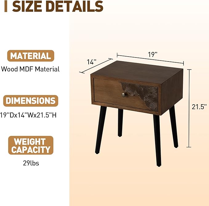 COSIEST Nightstand Set of 2, Mid Century Modern End Table with Storage Drawer, Accent Side Table, Vintage Wood Luxury Night Stand Small Wood End Table for Bedroom, Living Room, Walnut