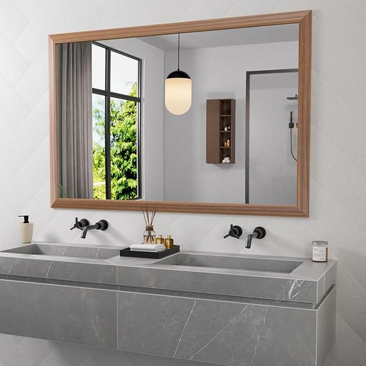 Amorho 60X40 Inch Bathroom Mirror for Wall, Walnut Wood Grain Metal Framed Mirror, HD Reflection, Hang Horizontally/Vertically, Suitable for Bedroom, Farmhouse, Bathroom, Porch