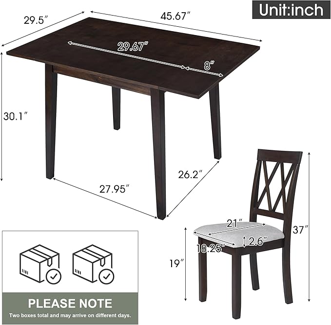 Merax Farmhouse Wooden Dining Set of 3, 45.6 inch Extendable Kitchen Table with Drop Leaf, 2 Chairs with Backrest for Small Space, Easy Assemble Espresso