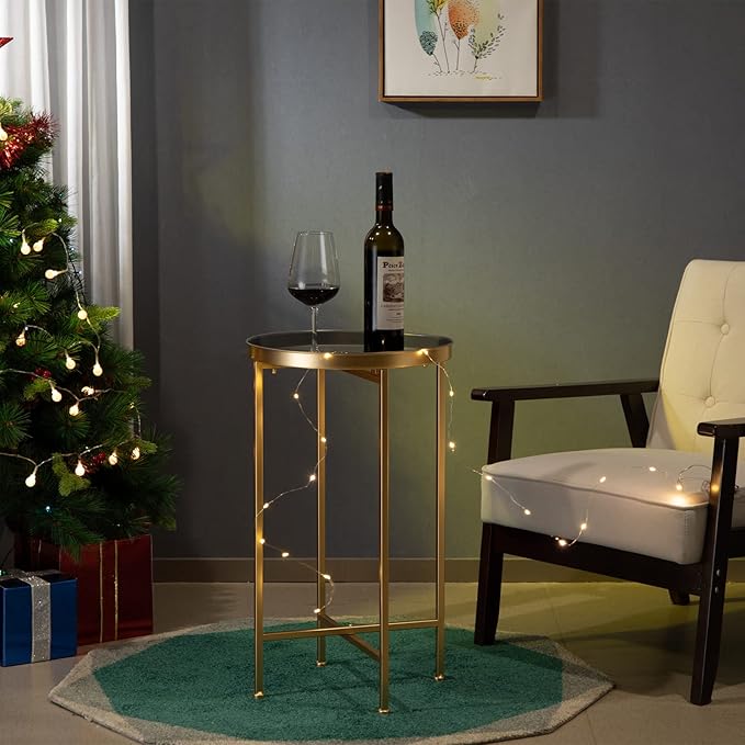 HollyHOME Small Round Metal Waterproof End Table, Accent Indoor&Outdoor Coffee Side Table, Snack Sofa Table for Living Room, Anti-Rust Decorative Plant Stand, (D) 14.5" x (H) 25", Gold/Grey