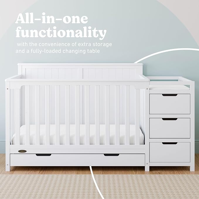 Graco Hadley All-in-One Convertible Crib & Changer (White) – GREENGUARD Gold Certified, Fits Standard Crib Mattress, Converts to Toddler Bed and Full Bed, 4 Adjustable Mattress Heights