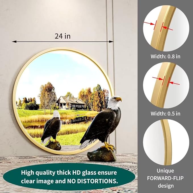 Growsun Gold Round Mirror, 24 inch Circle Wall Mirror for Bathroom Vanity, Entryway Living Room with Metal Frame for Home Decor