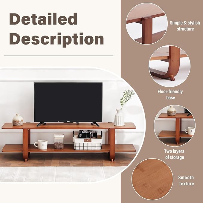 Welnow Bamboo TV Stand for Up to 65 Inch, Mid Century Modern Entertainment Center with 2-Tier Open Shelves, Storage Media Console Table for Living Room, Bedroom, Walnut