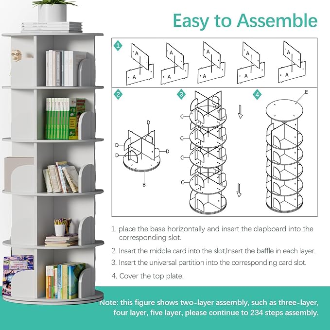 jxgzyy 5 Tier Rotating Bookshelf 62.6x18.1x18.1 Inch Corner Book Shelf 360° Display Spinning Bookcase Space-Saving for Bedroom, Living Room, Study, White