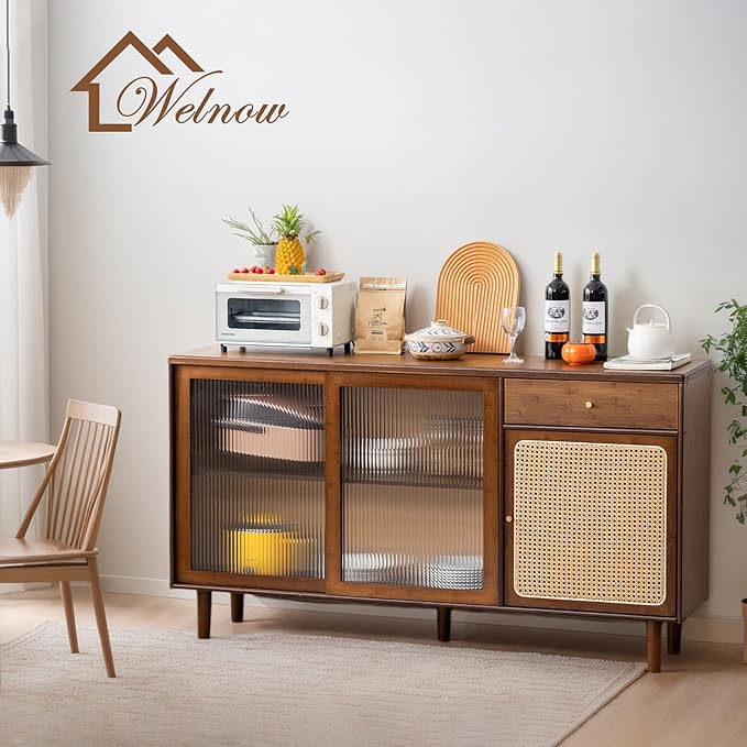 Welnow Buffet Cabinet, Bamboo Sideboard with Storage Rattan Kitchen Display Cabinet with Drawer, Boho Coffee Bar Tables for Kitchen, Living Room, Entryway, Office, Walnut