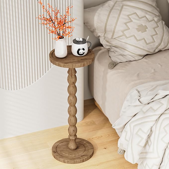 2 Pack Solid Wood Drink Table, Rubber Wood‌ Small Round Side Table for Small Spaces, Martini Tables, Pedestal End Tables for Living Room, Bedroom, Corners, and Office (Brown, 9.4 inch)