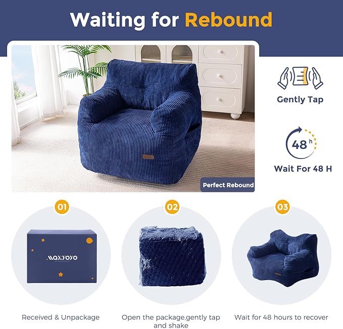 MAXYOYO Bean Bag Chair, Tufted Bean Bag Couch Lazy Chair, Living Room Sofa Couch with Filler for Adult Teens Kids, Corded Fabric Accent Sofa for Bedroom Dorm, Navy