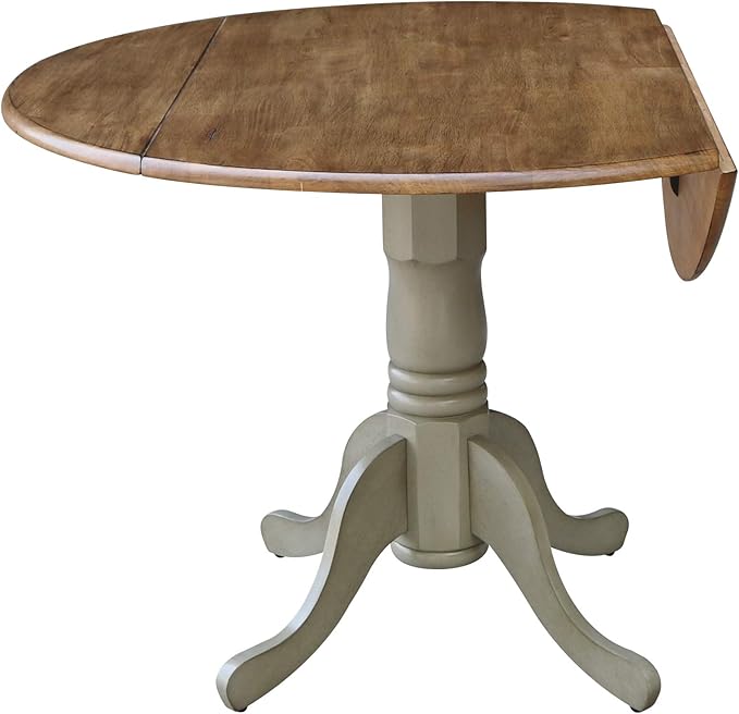 IC International Concepts, 42" Round Dual Drop Leaf Pedestal Dining Table, Solid Real Wood, Sturdy Parawood, Distressed Hickory/Stone