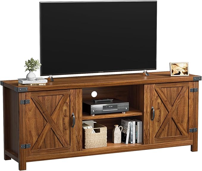 YESHOMY Modern Farmhouse TV Stand with Two Barn Doors and Storage Cabinets for Televisions up to 65+ Inch,Entertainment Center Console Table,Media Furniture for Living Room,58 Inch, Walnut,YH-TS103DWA