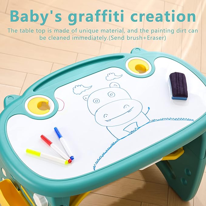 Kids Table and Chair Set The Table Can Be Graffiti and The Height Can Be Raised and Lowered for Children Age 2-10 The Order Includes Watercolor Pen and Blackboard Eraser