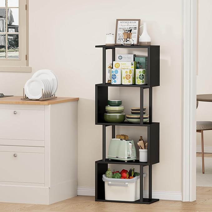 Gadroad 4-Tier Bookshelf, Narrow S-Shaped Geometric Bookcase, Wood Decorative Storage Shelving, Modern Freestanding Display Shelves, Book Shelf Unit for Living Room Bedroom Home Office, Black