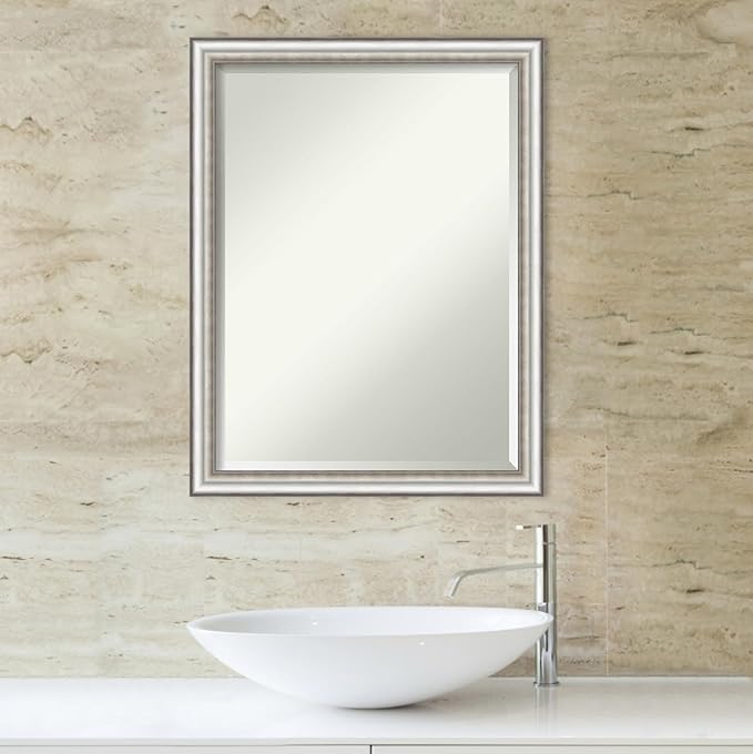 Amanti Art Silver Bathroom Mirror for Over Sink, 27x21 Salon Silver Narrow Rectangle Vanity Mirror, Medium Traditional Frame, Hangs Horizonally and Vertically, Bathroom Wall Decor, Beveled Edge