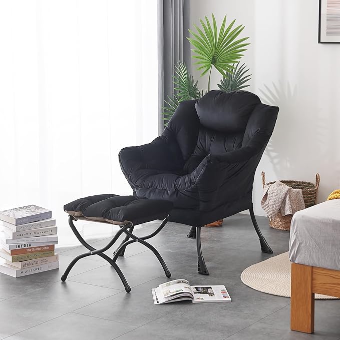 LITA Lazy Chair with Ottoman, Modern Accent Leisure Upholstered Sofa, Contemporary Lounge Reading Chair with Armrests and a Side Pocket for Living Room, Bedroom & Small Space, Black