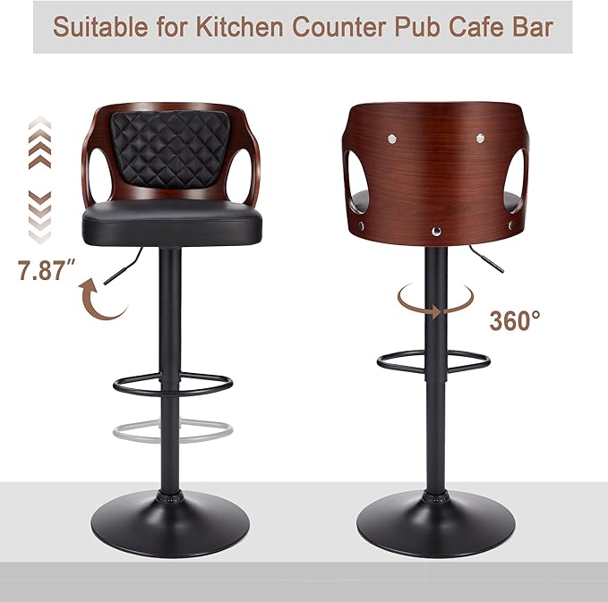 VECELO Bar Stools Set of 2,Adjustable Counter Height Stools with Bentwood Back,Armrest&Footrest,Swivel PU Leather Bar Chairs for Kitchen Island,Coffee Shop and Salon,Black,Quilted Elegance