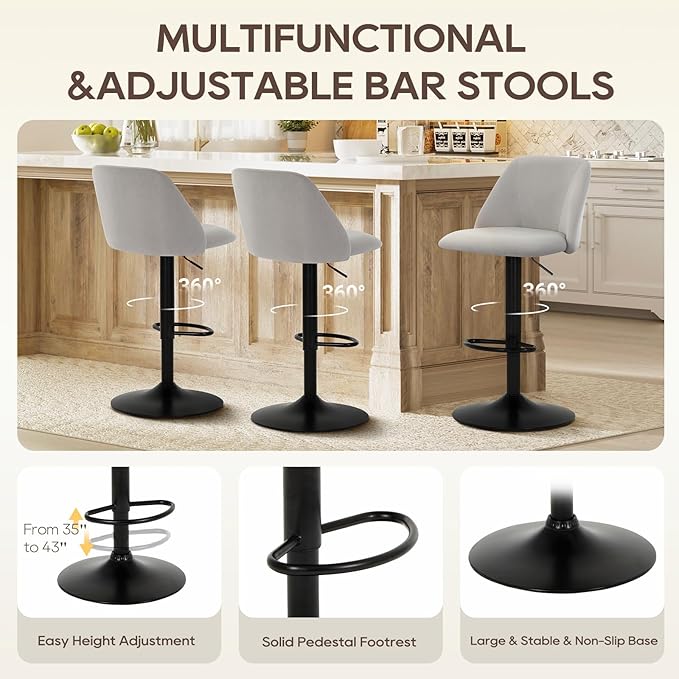 COLAMY Bar Stools Set of 6, Modern Swivel Bar Chairs, Adjustable Upholstered Barstools Counter Height with Full Backrest for Bar, Dining Room, Kitchen Island, Grey