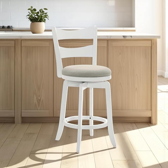 Armen Living Blair 26 in. Matte White Counter Height Rubberwood Swivel Barstool with Fog Fabric Seat - Set of 4