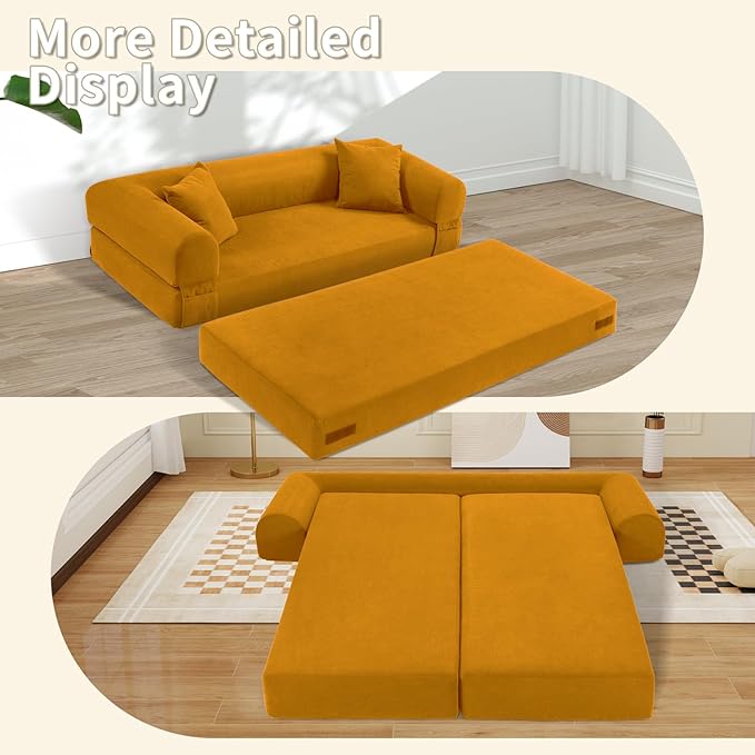 80" Convertible Sofa Bed, Corduroy Deep Seat Folding Pull Out Couch with Pillows, No Assembly Modern Boneless Couch Compression Sofa in Box, Floor Sofa with Storage Pocket for Living Room,Yellow