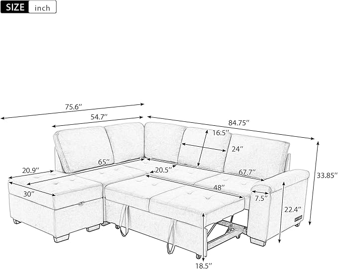 Ball & Cast Sleeper Sofa Bed L Shaped Couch with Storage Otooman and Cup Holder,L-Shaped Sectional Couch w/Hidden Arm Storage & USB Charge,4-Seater Sectional Sofa for Living Room,Apartment,Black