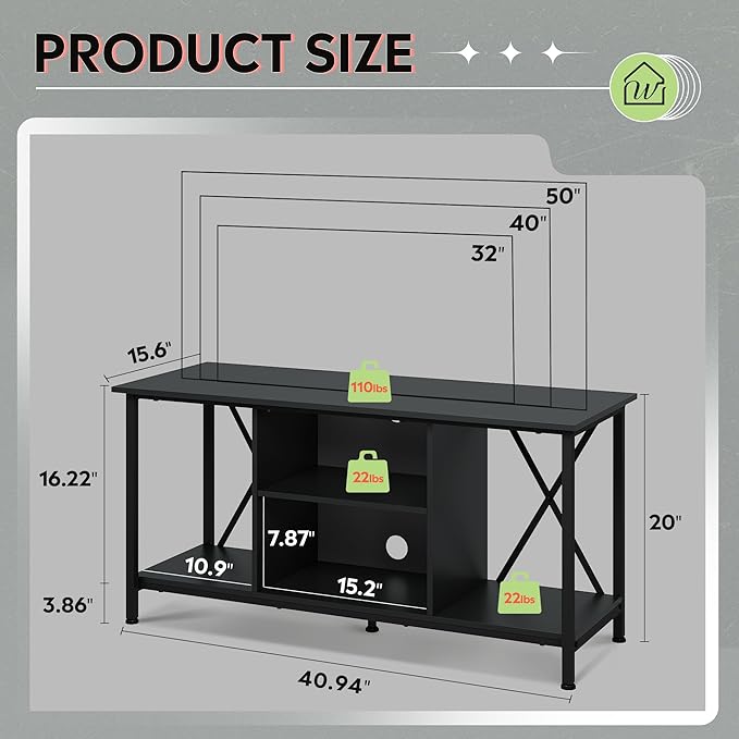 WLIVE TV Stand up to 45 Inch TV, 41" Entertainment Center with Open Storage Shelf for Living Room, Black