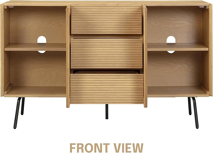 NTC MOSSIC Sideboard with 2 Doors and 3 Drawers, Buffet Cabinet with Natural Rattan and Metal Legs, Modern Storage Cabinet for Living Room, and Hallway, Effortless Assembly, Sand